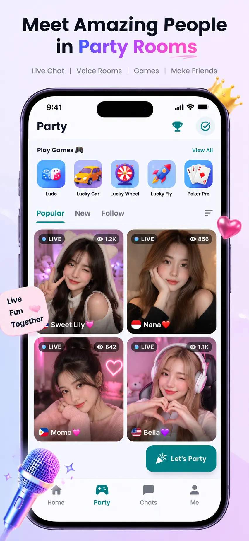 Meet amazing people in Galmet party rooms: live chat, voice rooms, games and make friends
